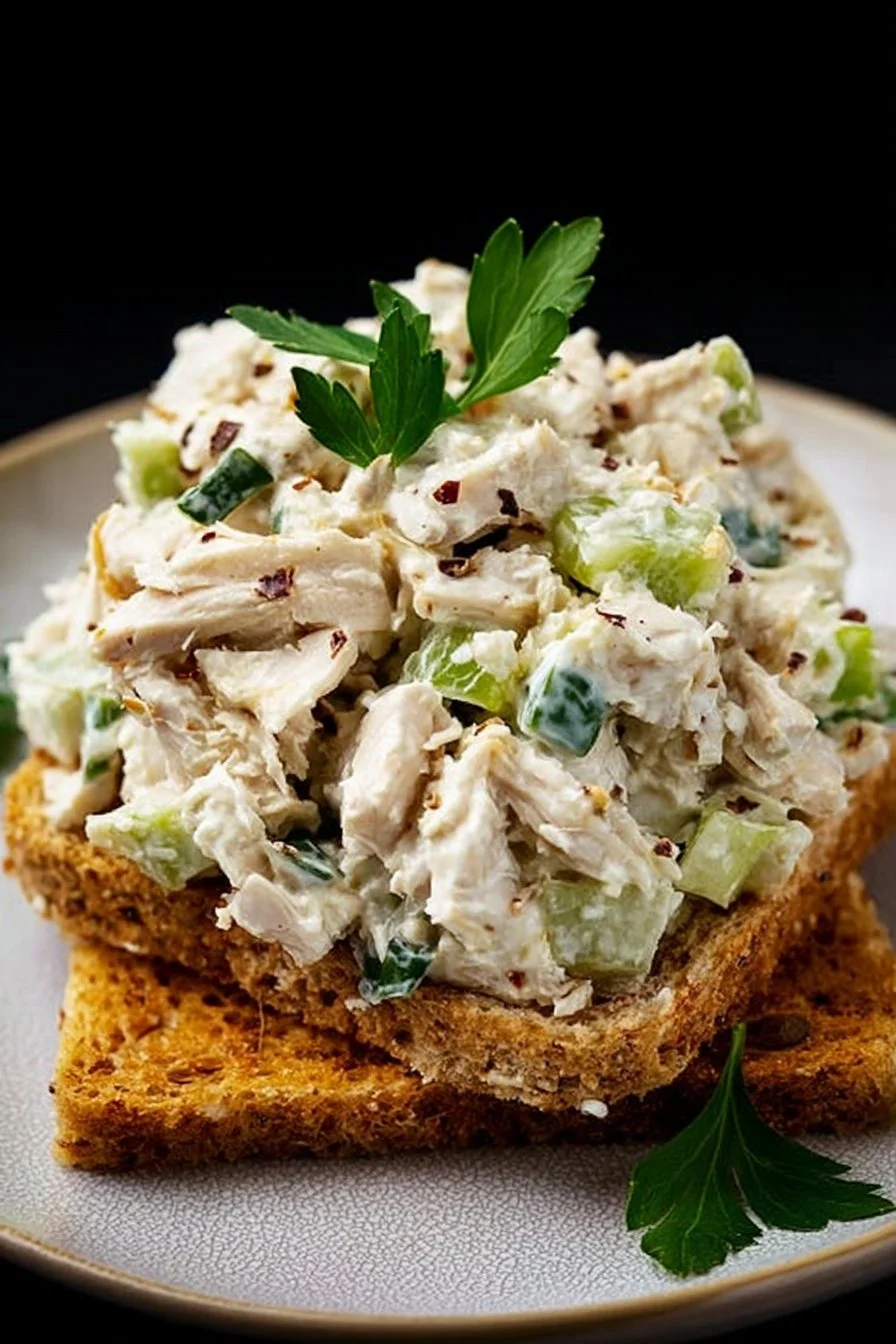 Fresh ingredients in classic chicken salad served in a bowl