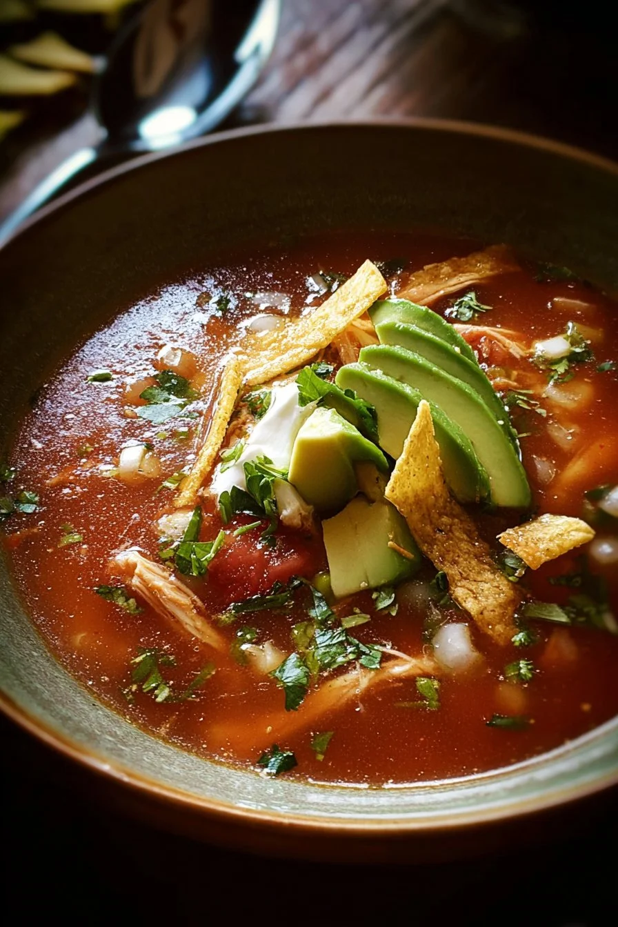 Bowl of Classic Chicken Tortilla Soup garnished with tortilla strips and cilantro