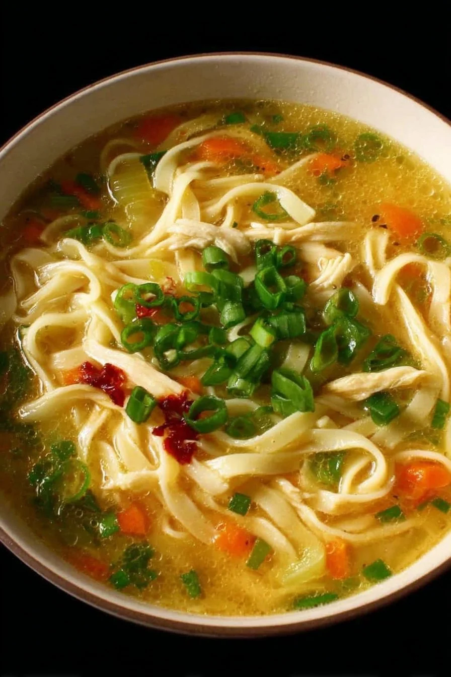 Bowl of Classic Ginger Garlic Chicken Noodle Soup with fresh ingredients