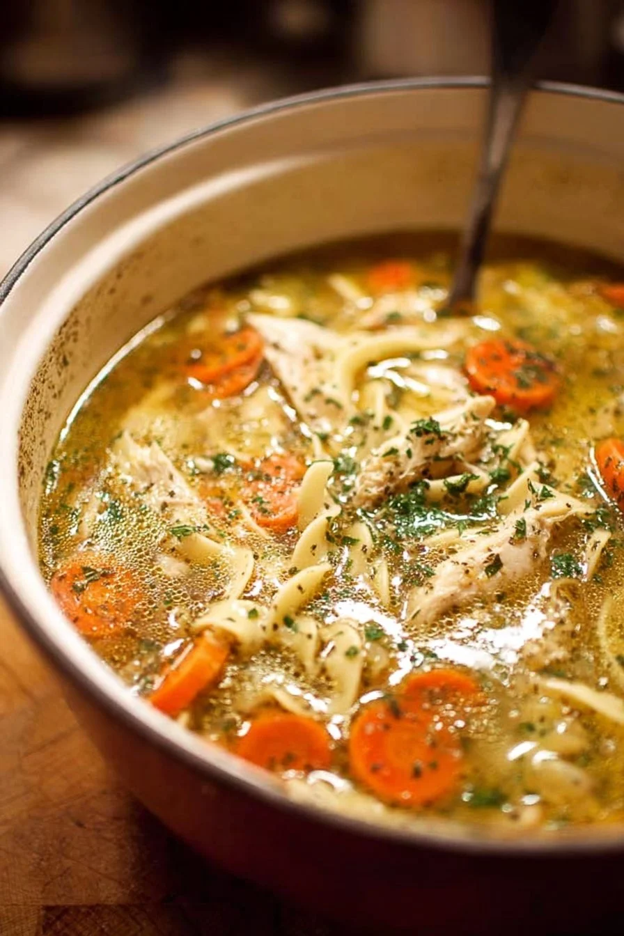 Bowl of comforting chicken noodle soup with vegetables and herbs