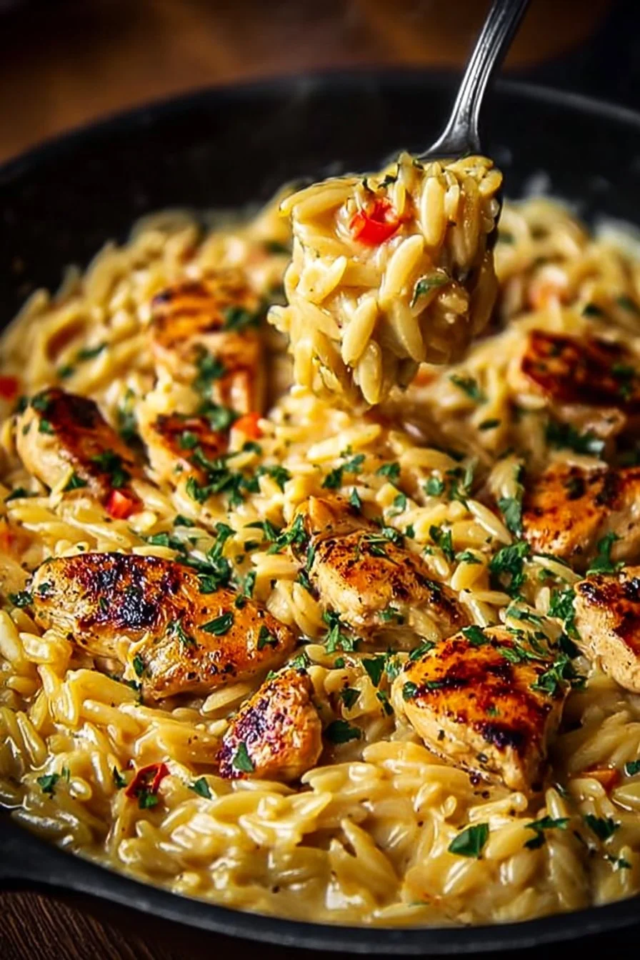 Bowl of delicious Cajun Chicken Alfredo Orzo topped with herbs