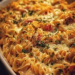 Delicious cozy pasta casserole topped with melted cheese