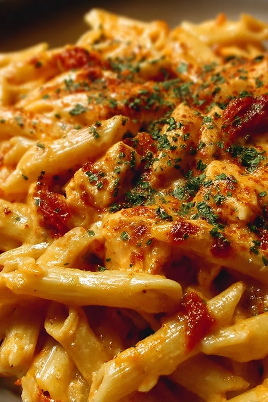 Creamy Crack Chicken Penne pasta dish with savory ingredients