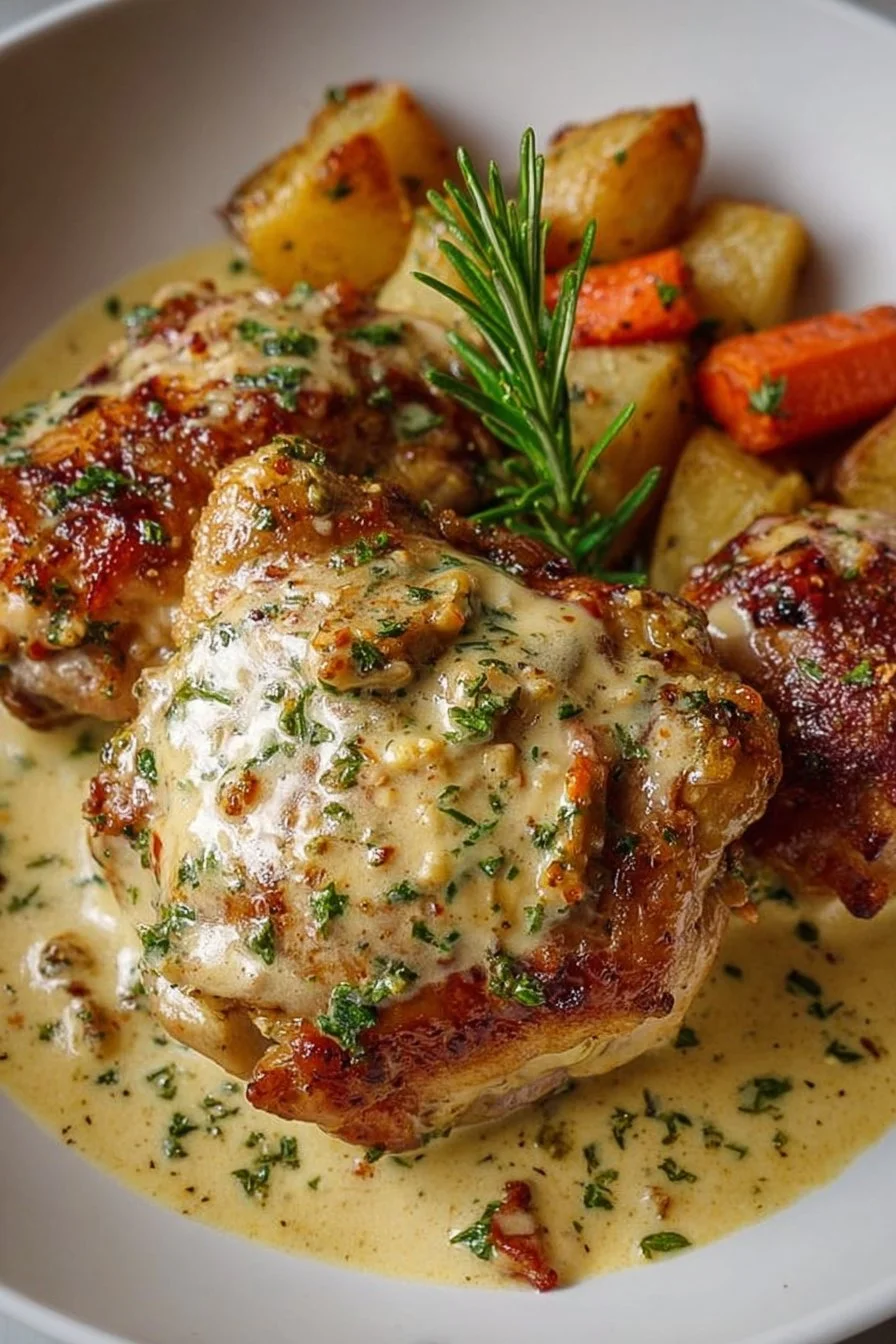 Creamy Baked Dijon Chicken Thighs served on a plate with herbs and vegetables