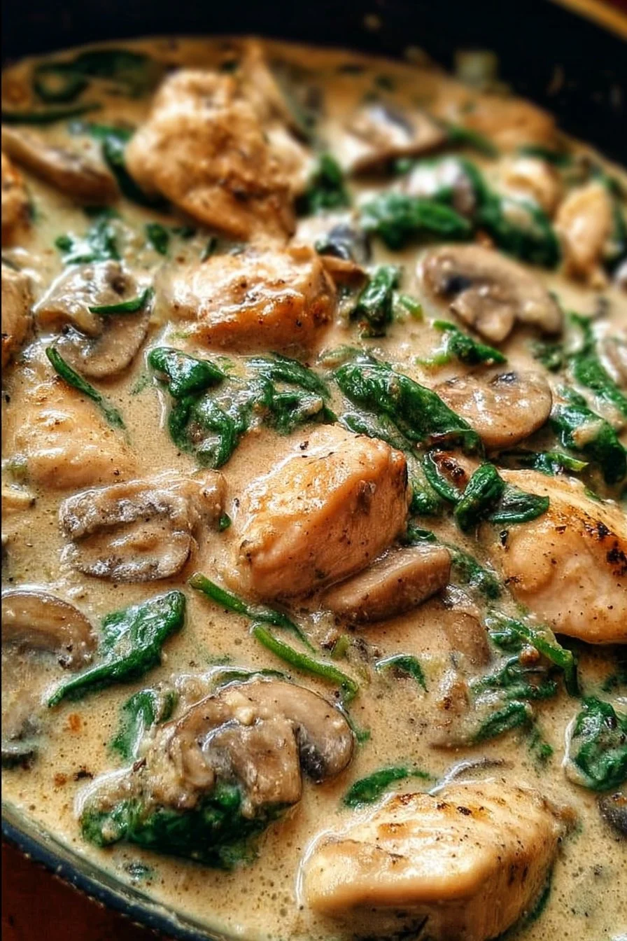 Creamy chicken mushroom spinach skillet in a frying pan