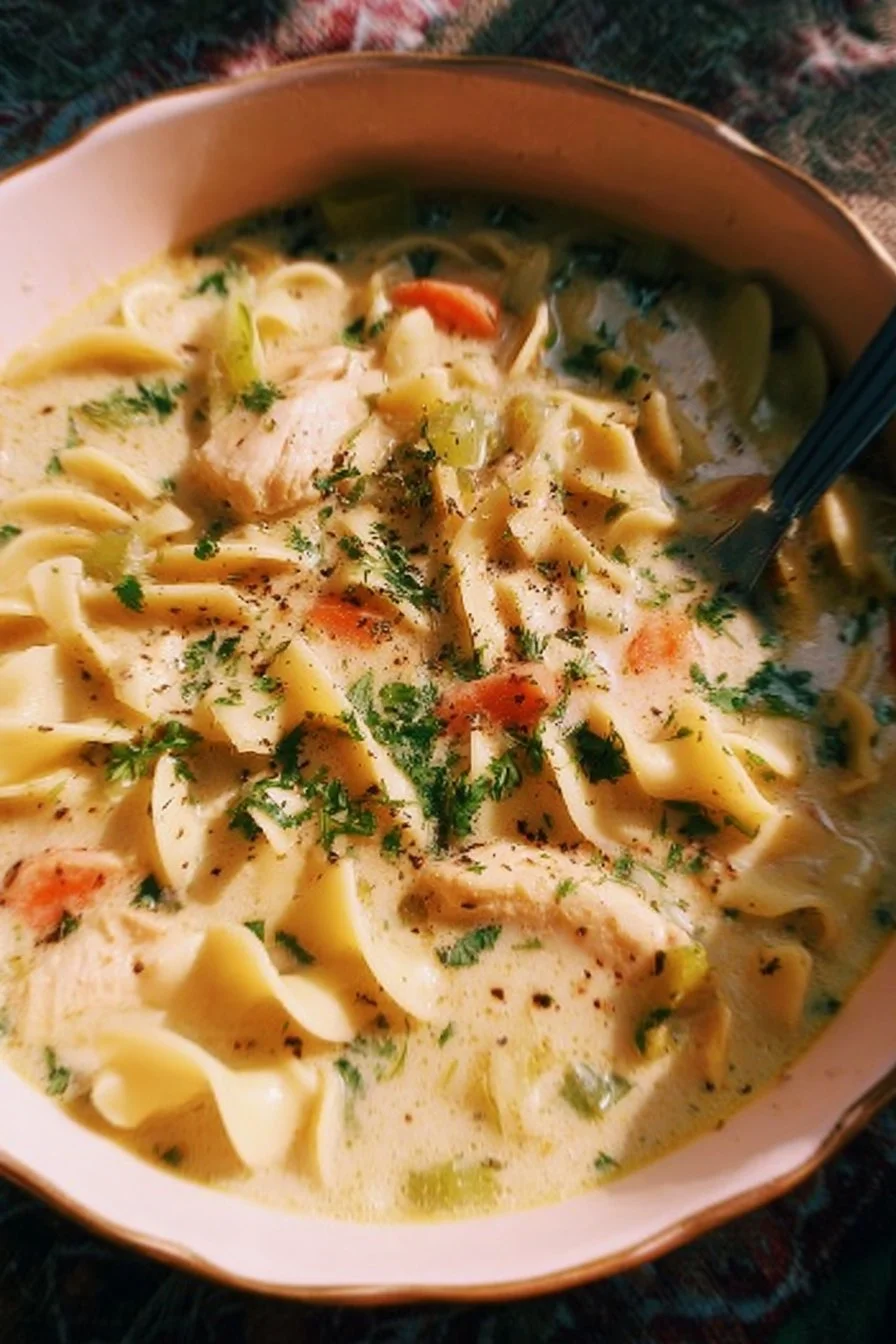 Bowl of creamy chicken noodle soup with vegetables and herbs