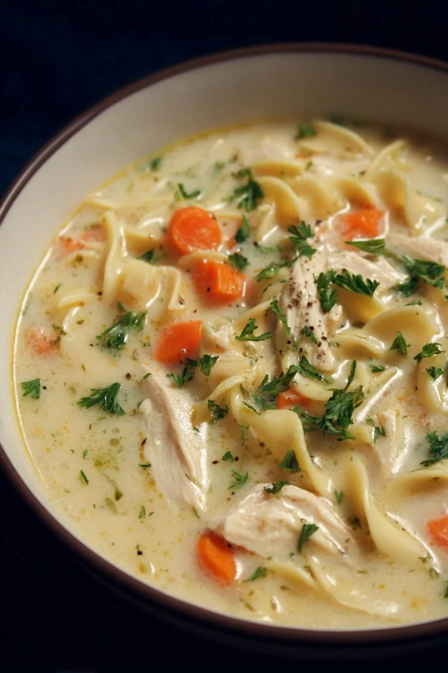 Bowl of creamy chicken noodle soup with herbs and vegetables