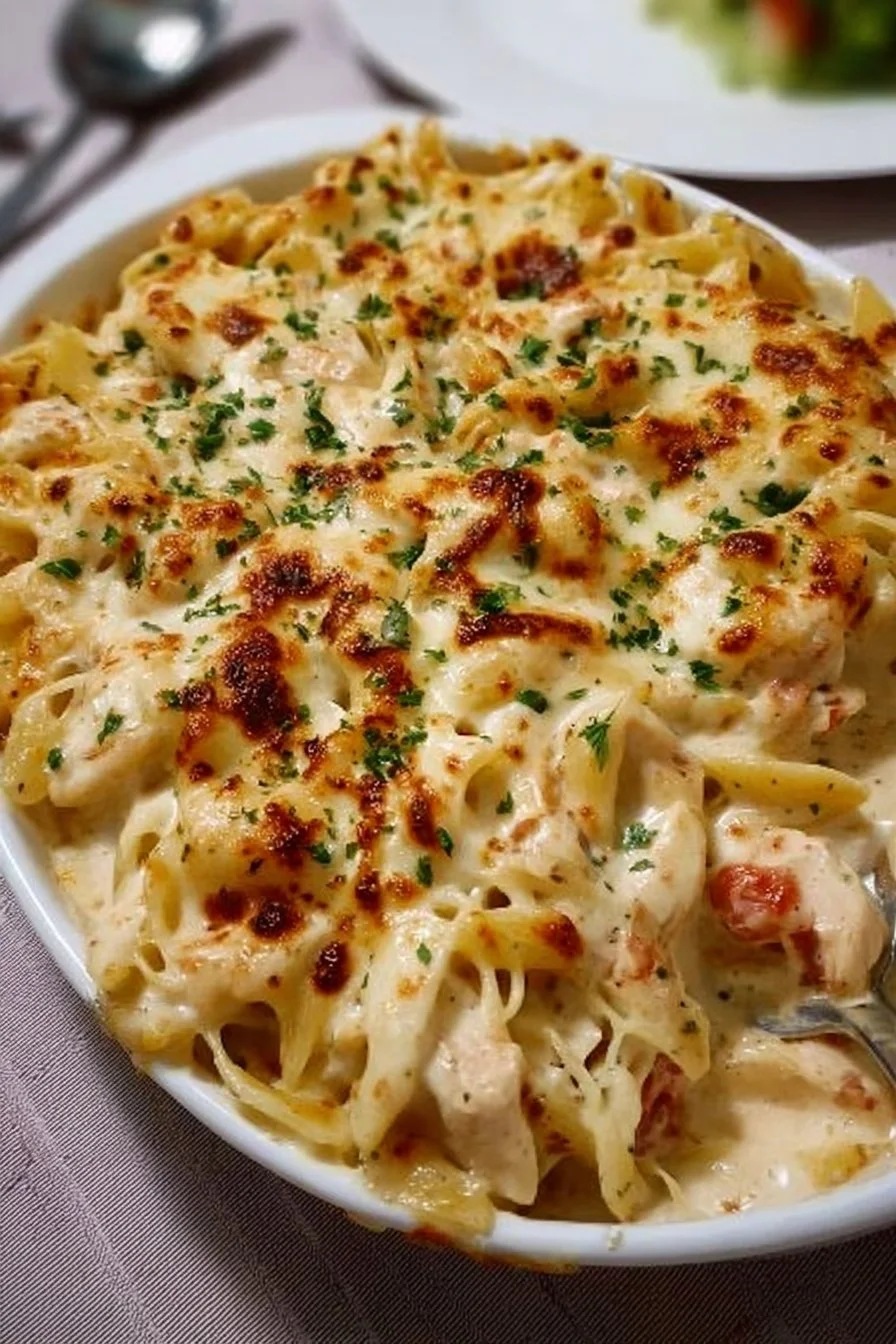 Creamy Chicken Pasta Casserole 3 Creamy chicken pasta casserole baking dish with melted cheese and herbs