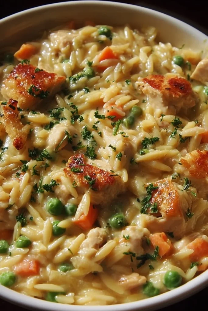 Creamy Chicken Pot Pie Orzo served in a bowl with fresh herbs