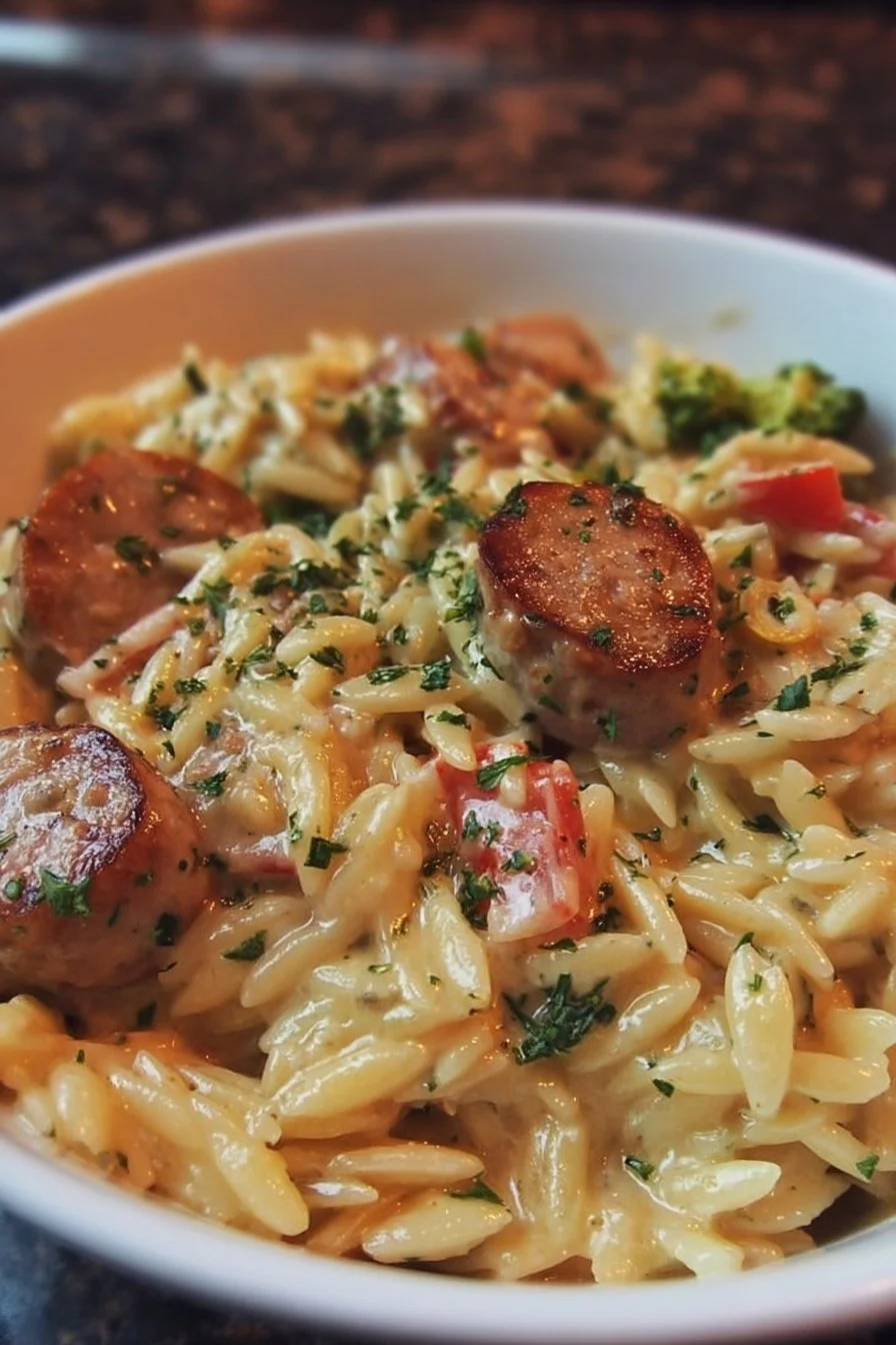 Creamy Chicken Sausage Orzo 2 Creamy chicken sausage orzo served in a bowl with herbs and spices