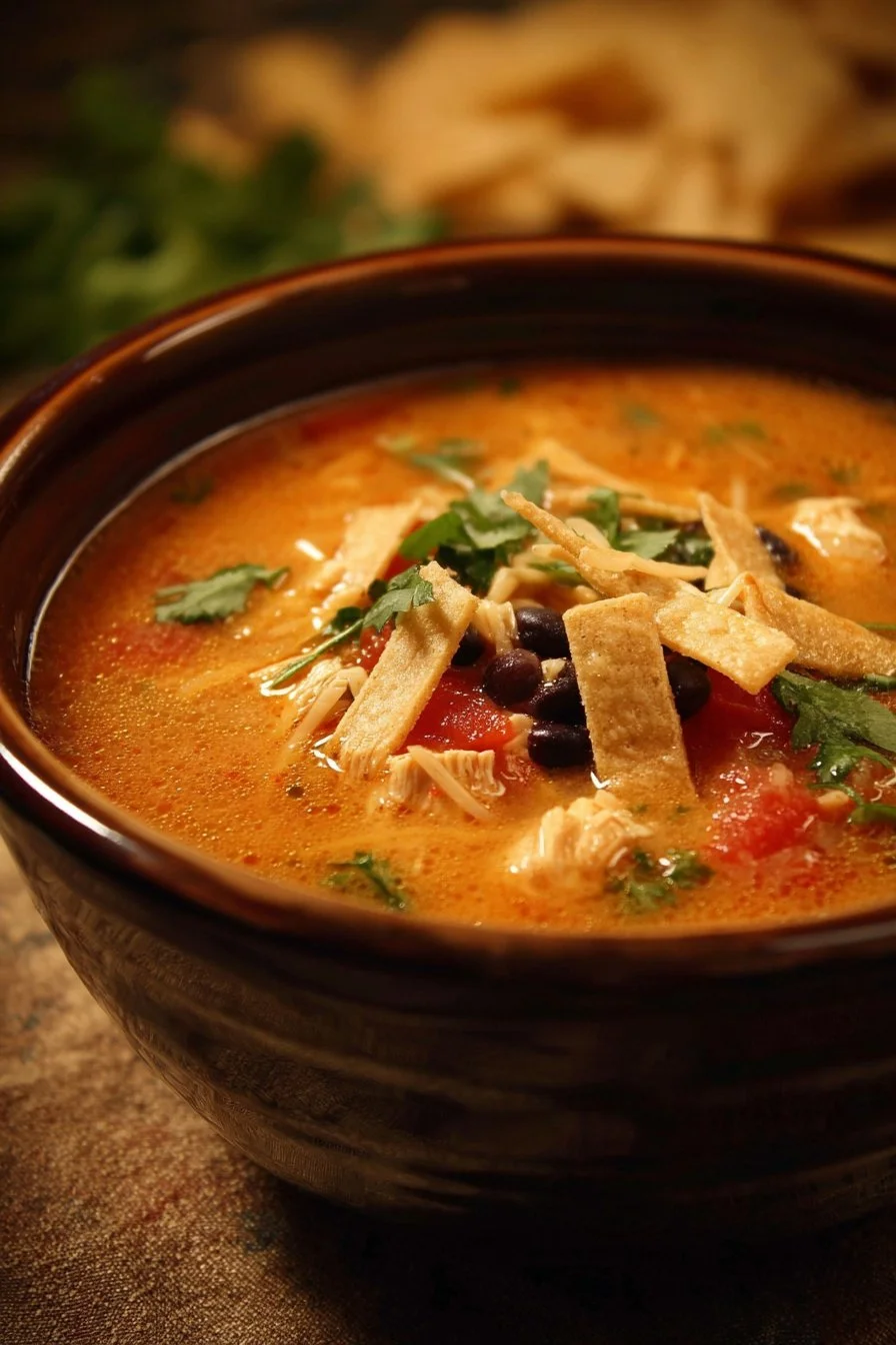Bowl of creamy chicken tortilla soup topped with crispy tortilla strips and avocado