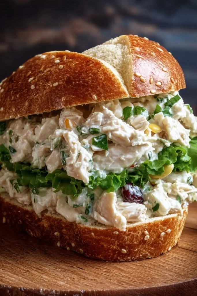 Delicious creamy classic chicken salad sandwich served on a plate