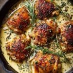 Creamy garlic chicken thighs served with a side of vegetables