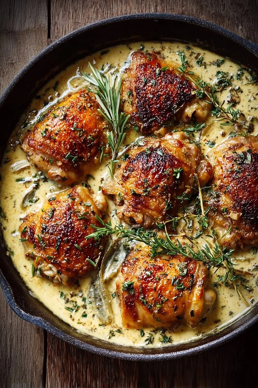 Creamy garlic chicken thighs served with a side of vegetables