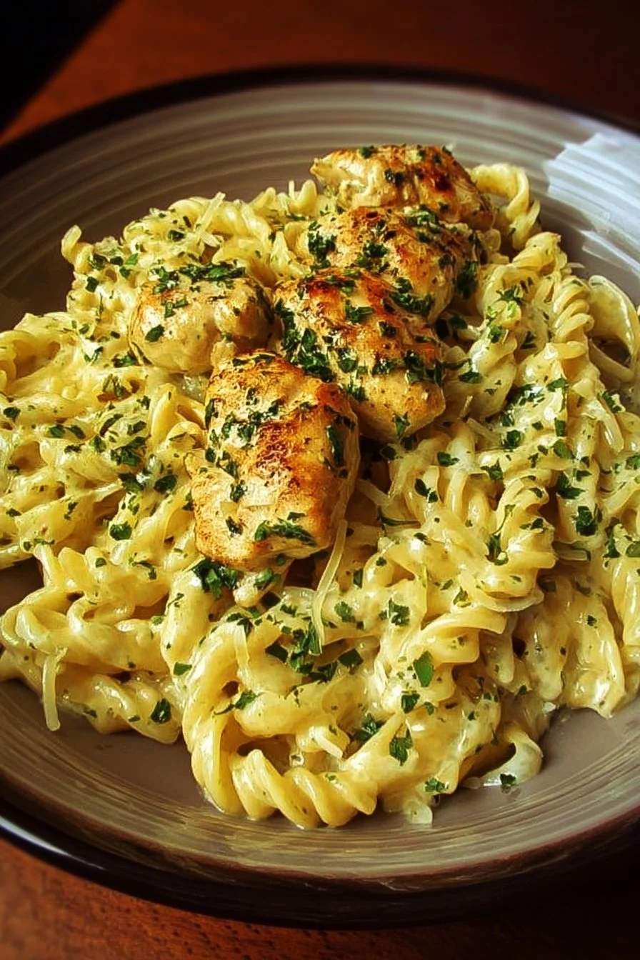 Creamy garlic parmesan chicken pasta garnished with parsley in a bowl.