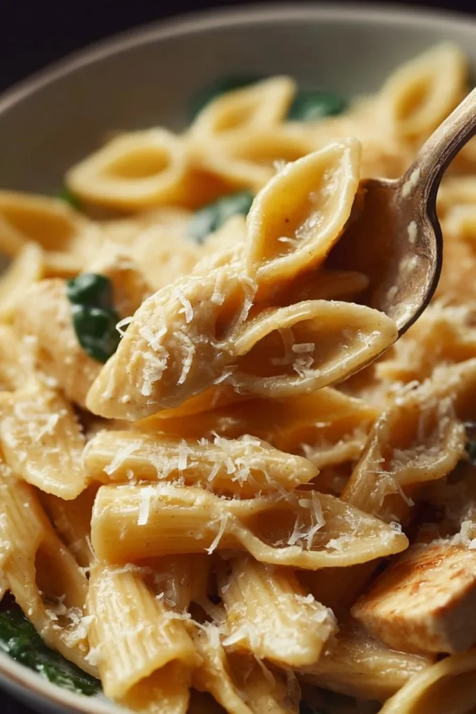Bowl of creamy gluten-free pasta with vegetables and herbs