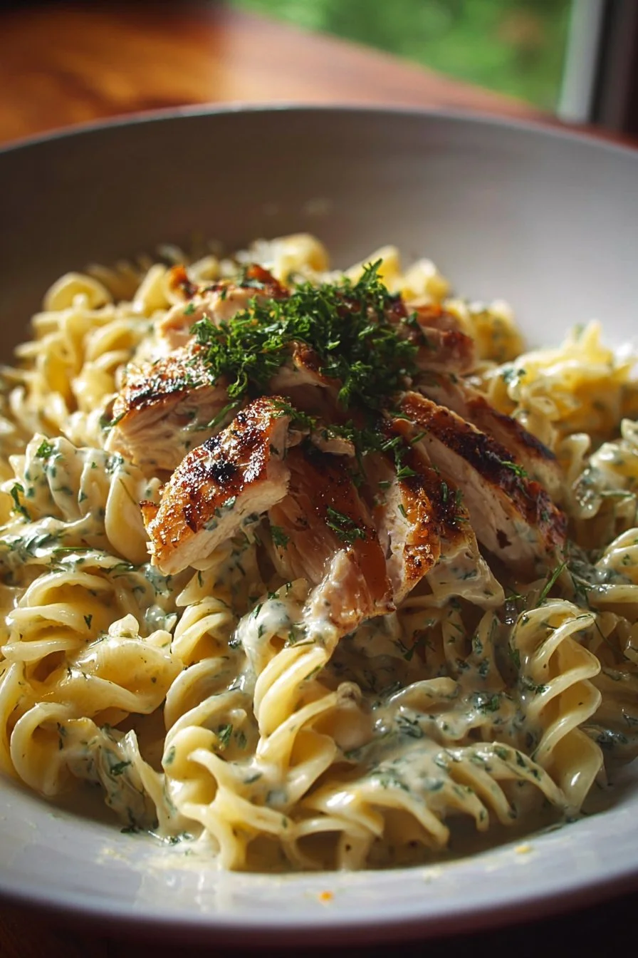 A bowl of creamy rotisserie chicken pasta garnished with herbs.