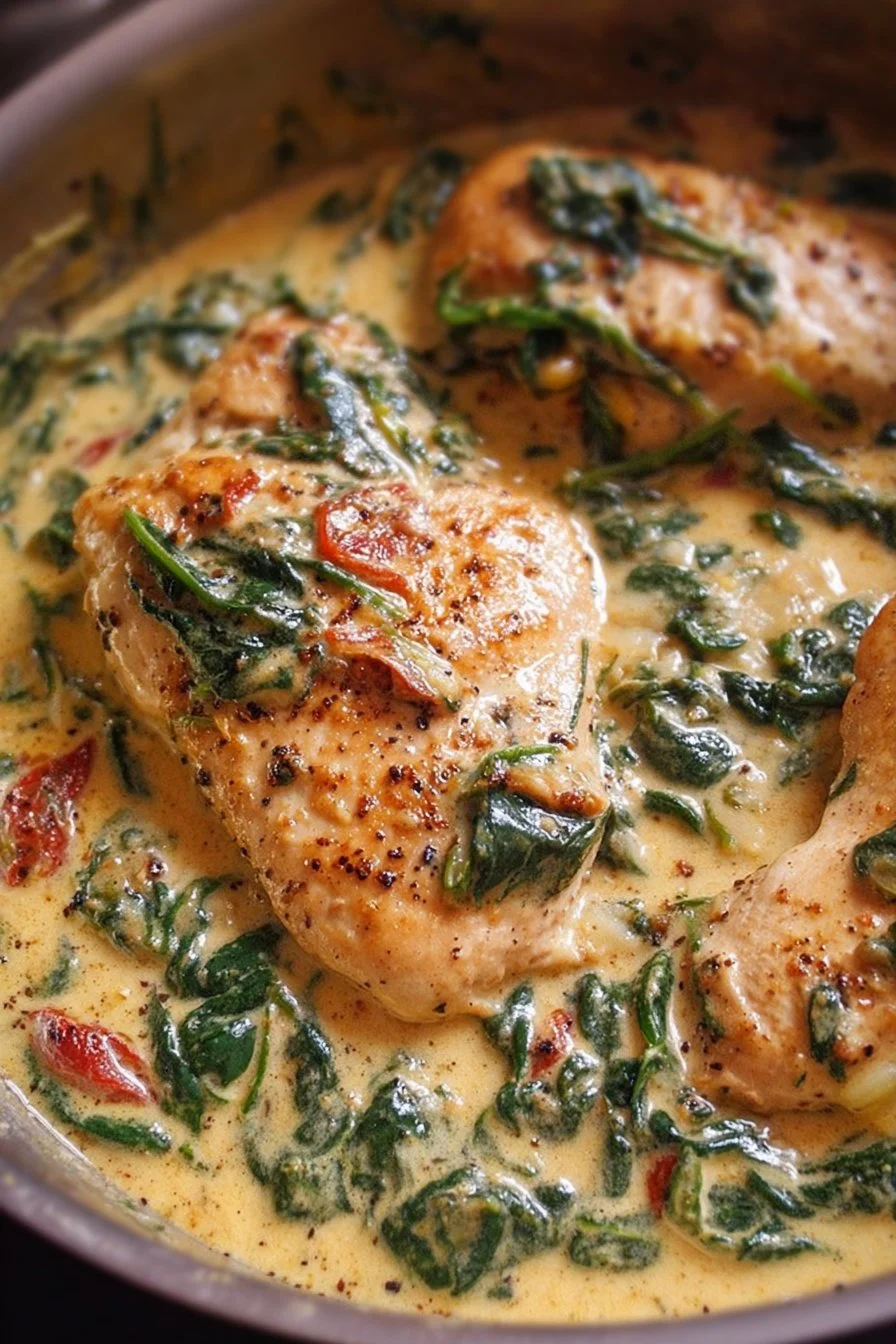 Creamy Spinach Parmesan Chicken served with herbs and cheese in a skillet