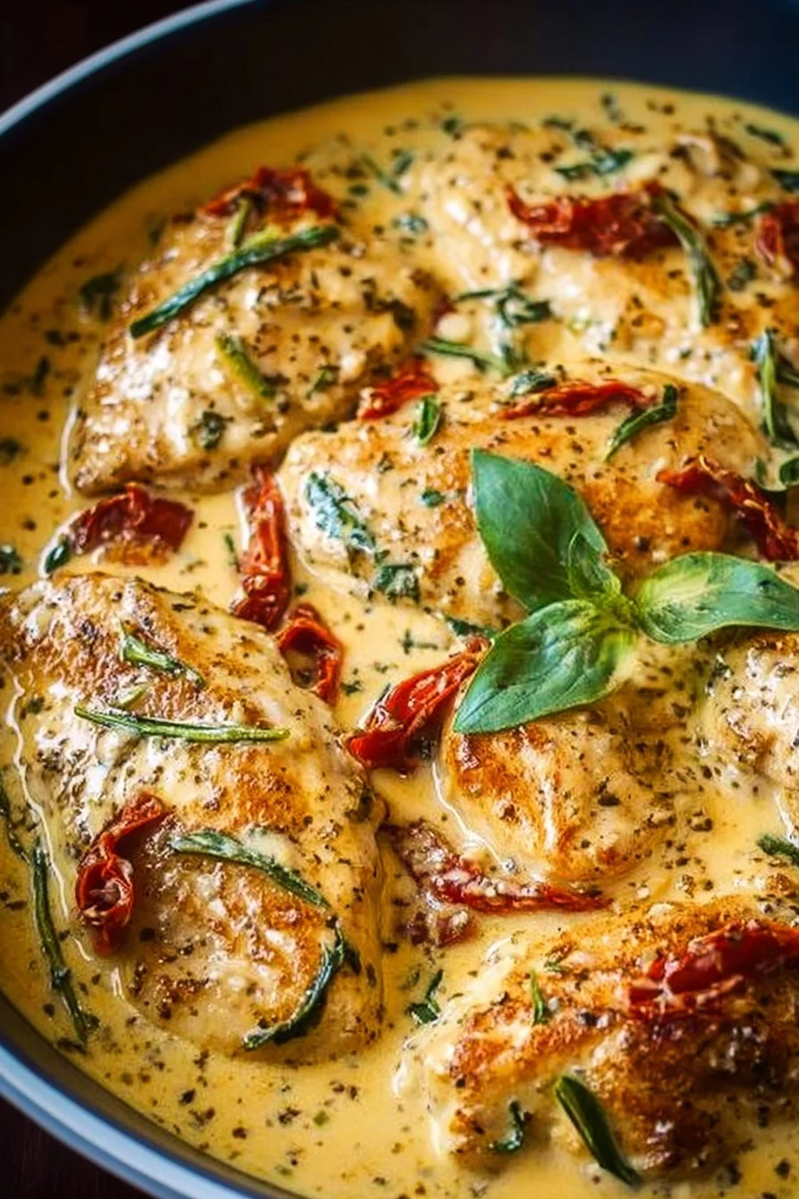 Creamy Tuscan chicken served with herbs and vegetables