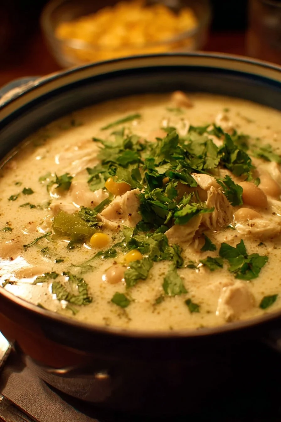 Creamy White Chicken Chili 3 Bowl of creamy white chicken chili topped with cilantro and jalapeños