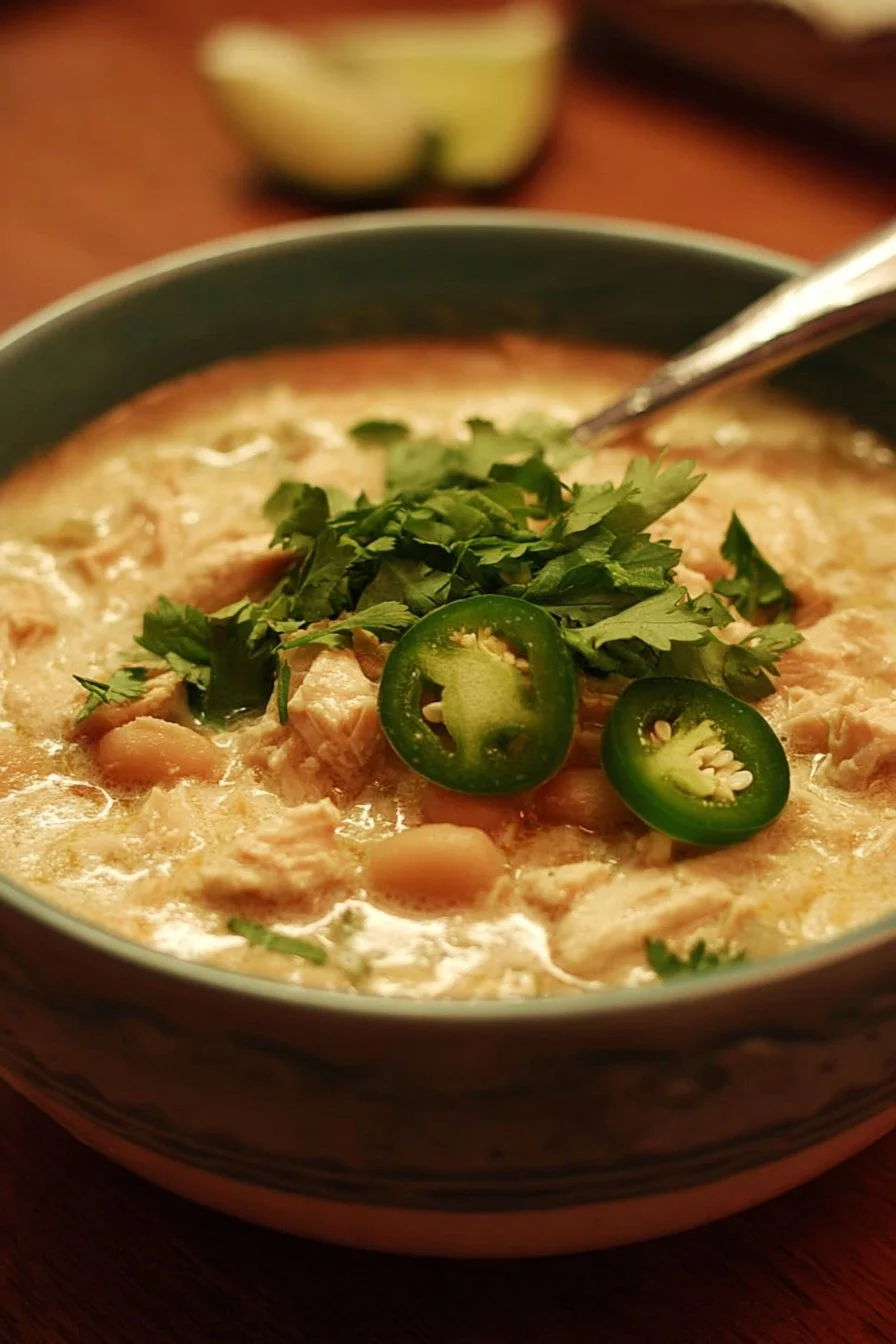 Bowl of creamy white chicken chili topped with cilantro and jalapeños
