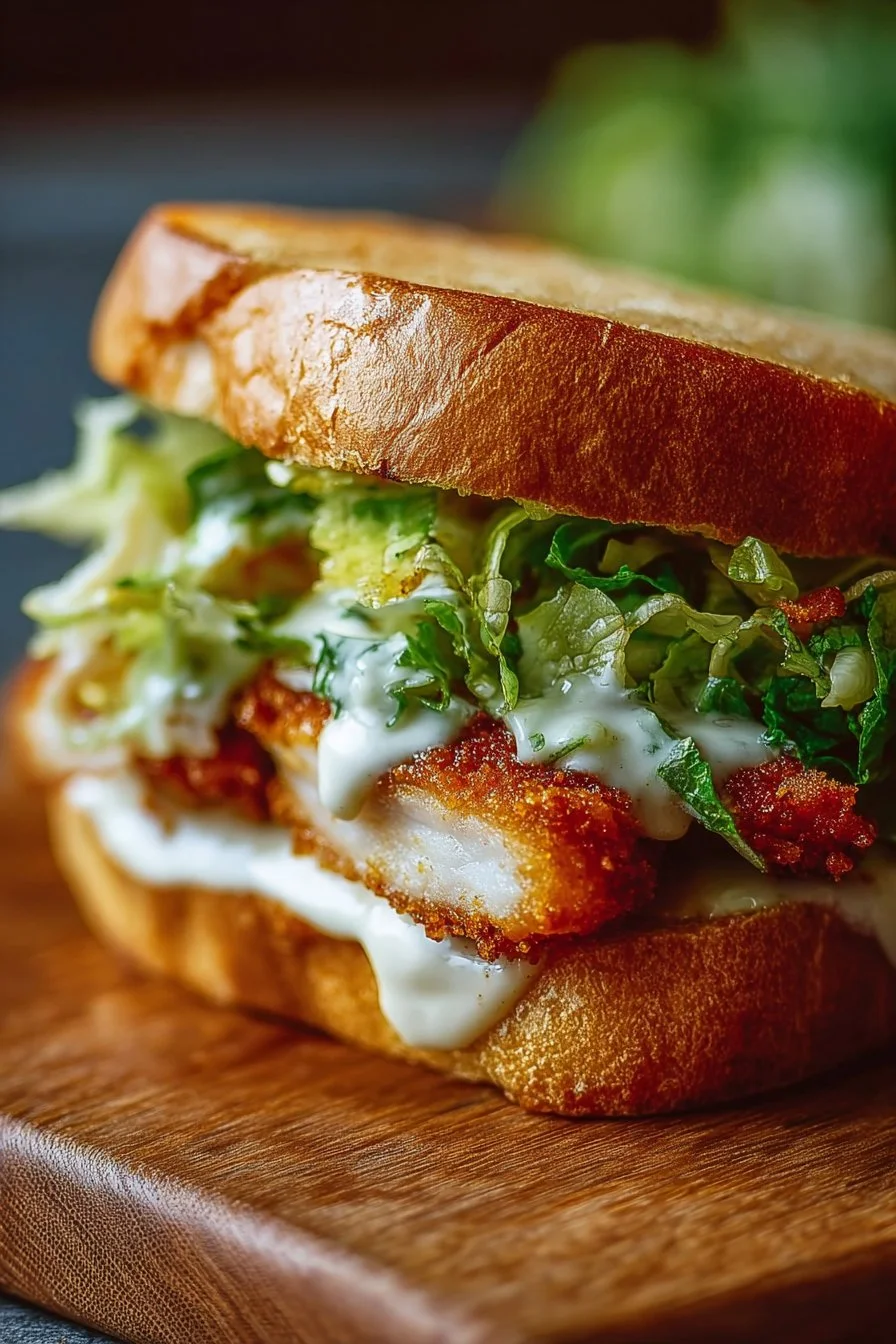 Crispy Chicken Caesar Sandwich with greens and dressing on a plate