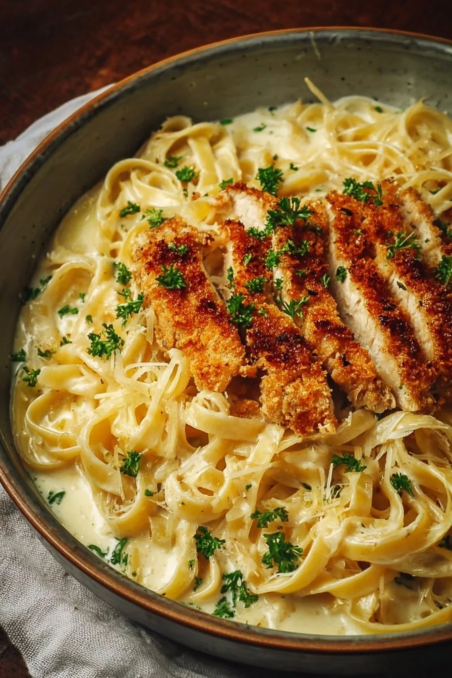 Crispy Chicken Fettuccine Alfredo 2 Delicious crispy chicken served over fettuccine alfredo pasta.