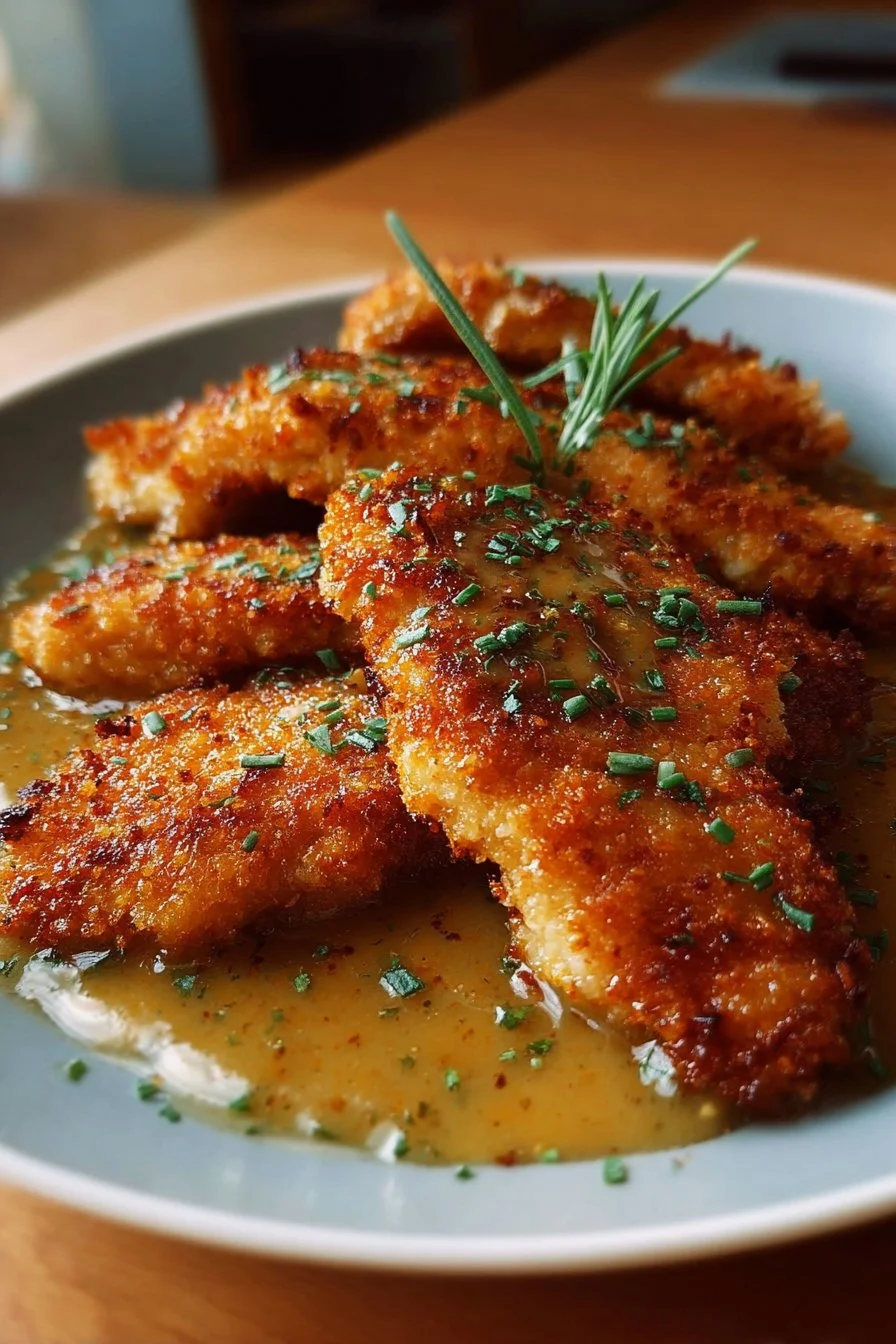 Crispy Parmesan Chicken with a Rich Garlic Sauce 3 Crispy Parmesan Chicken topped with rich garlic sauce on a plate