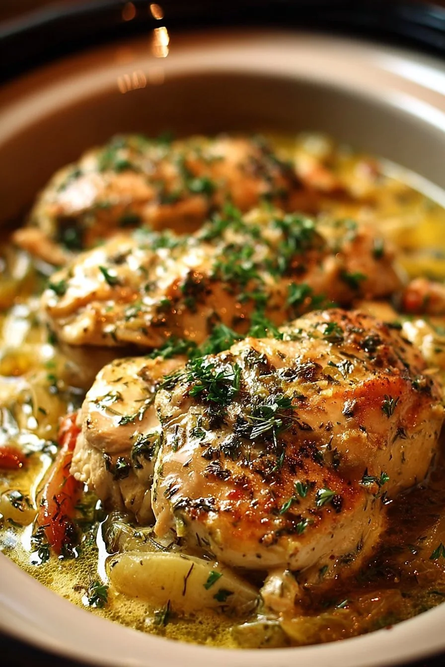 Crockpot Olive Garden Chicken served with pasta and fresh herbs