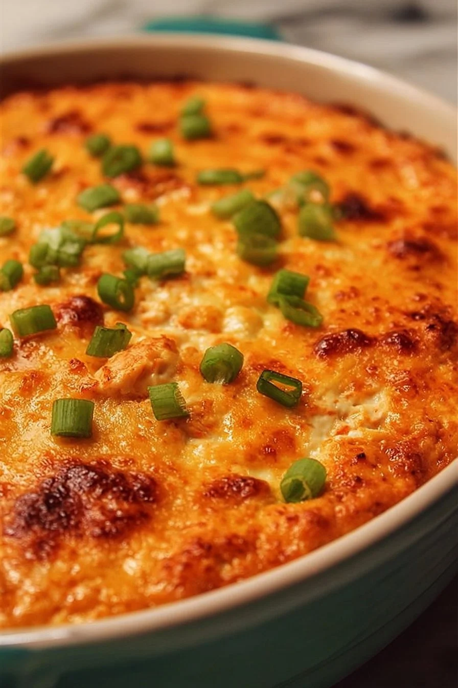 Creamy and spicy buffalo chicken dip served in a bowl with tortilla chips