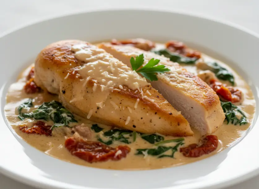 Close-up of creamy Tuscan Chicken, with a sliced chicken breast nestled in the rich sauce, garnished with Parmesan and parsley.