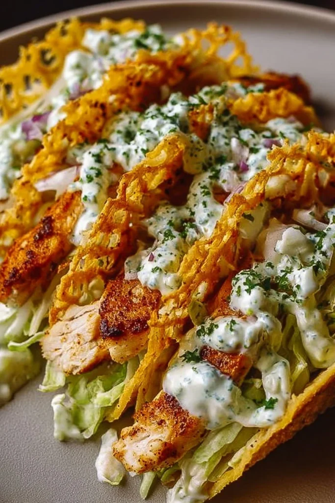 Dill Pickle Ranch Smash Chicken Tacos topped with crispy cheese lace
