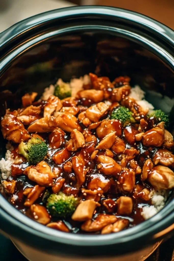 Delicious crockpot teriyaki chicken served with rice and vegetables
