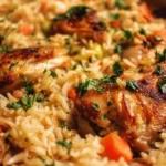 Delicious Dutch oven chicken and rice served in a rustic dish