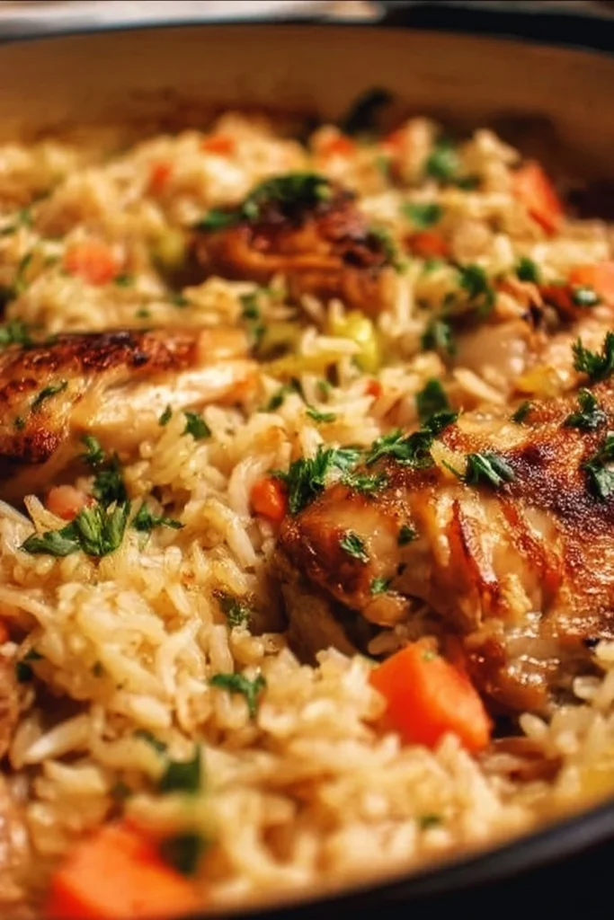 Delicious Dutch oven chicken and rice served in a rustic dish