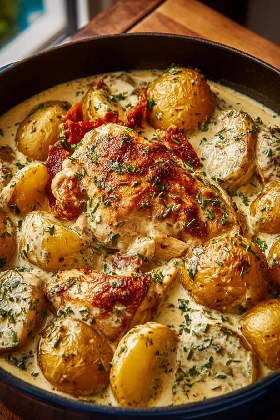 Dutch Oven Creamy Ranch Chicken with Potatoes in a serving dish