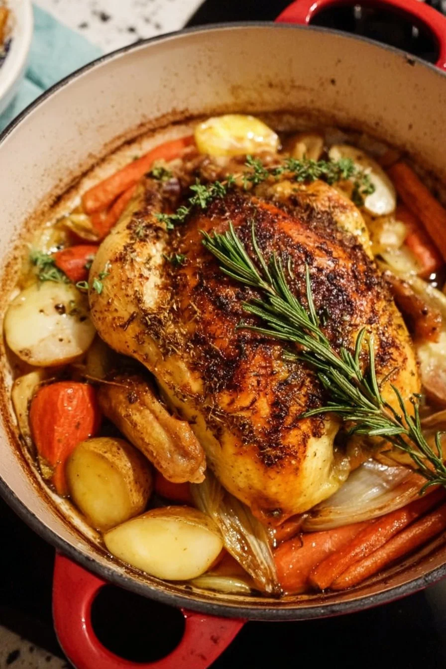 Delicious Dutch Oven Roast Chicken served with colorful vegetables.