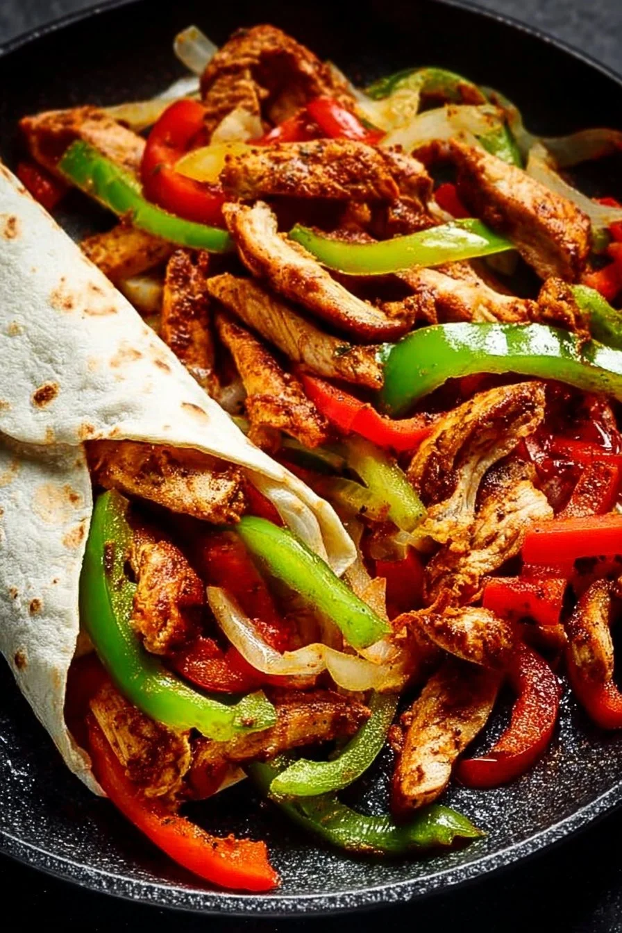 Delicious easy chicken fajitas served with colorful bell peppers and onions