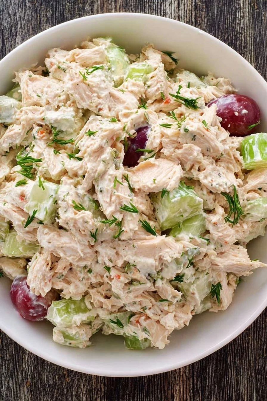 Delicious easy chicken salad in a bowl with fresh vegetables