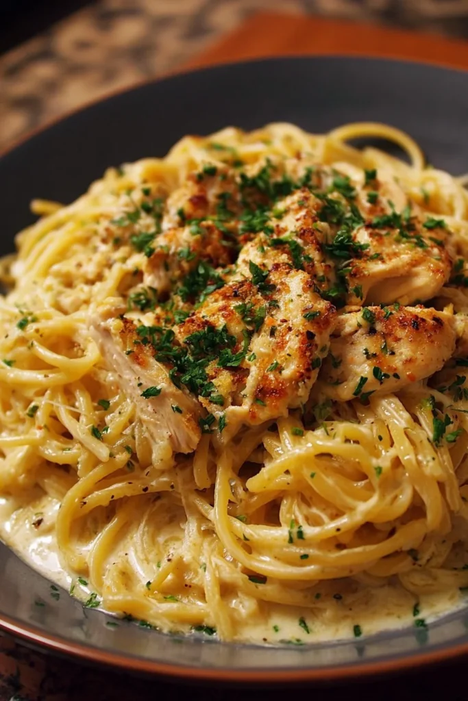 Creamy Cajun Chicken Spaghetti with garlic mozzarella sauce served in a bowl.