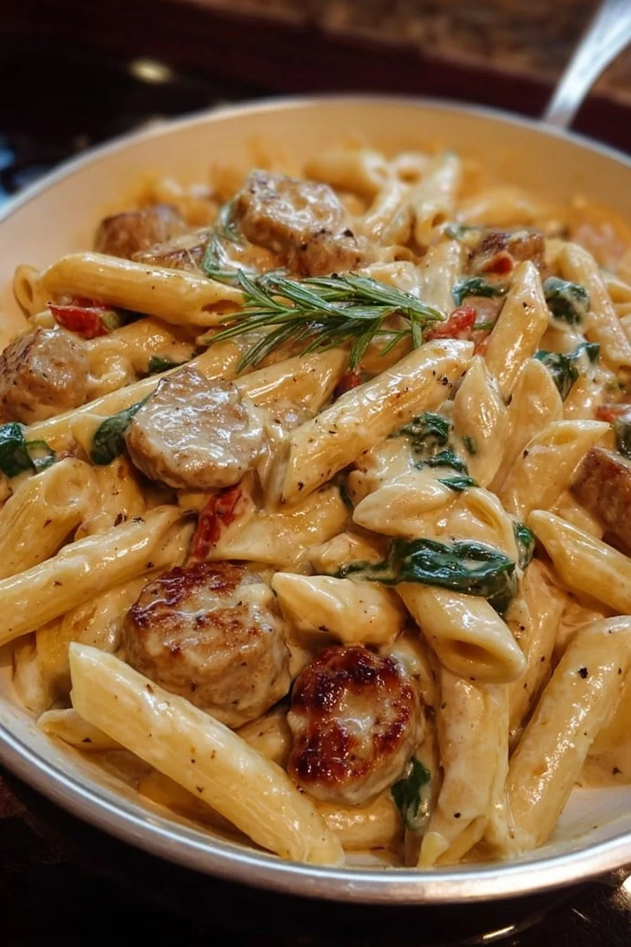 Easy Creamy Tuscan Chicken Sausage Pasta Skillet 2 Creamy Tuscan chicken sausage pasta skillet dish served in a bowl