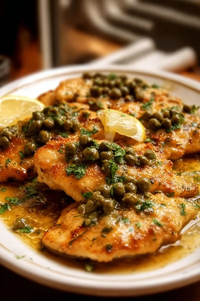 Delicious easy Crock Pot Chicken Piccata served with lemon and capers