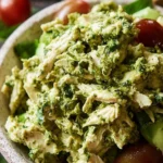 Easy pesto chicken salad with fresh ingredients in a bowl