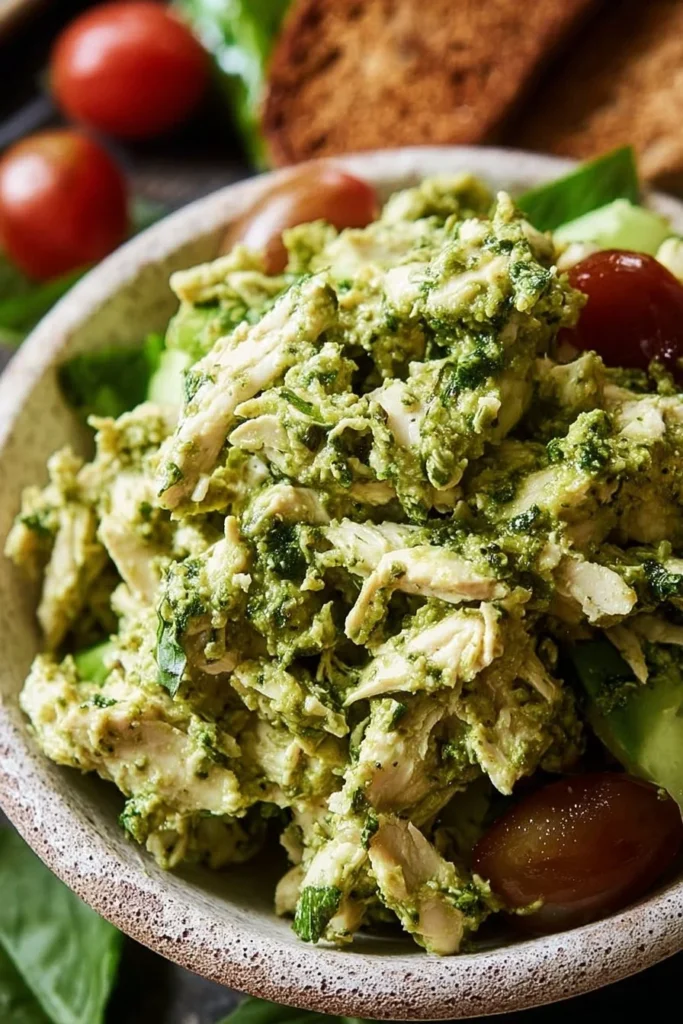 Easy pesto chicken salad with fresh ingredients in a bowl