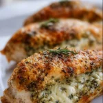 Easy pesto stuffed chicken breast with vibrant green pesto filling