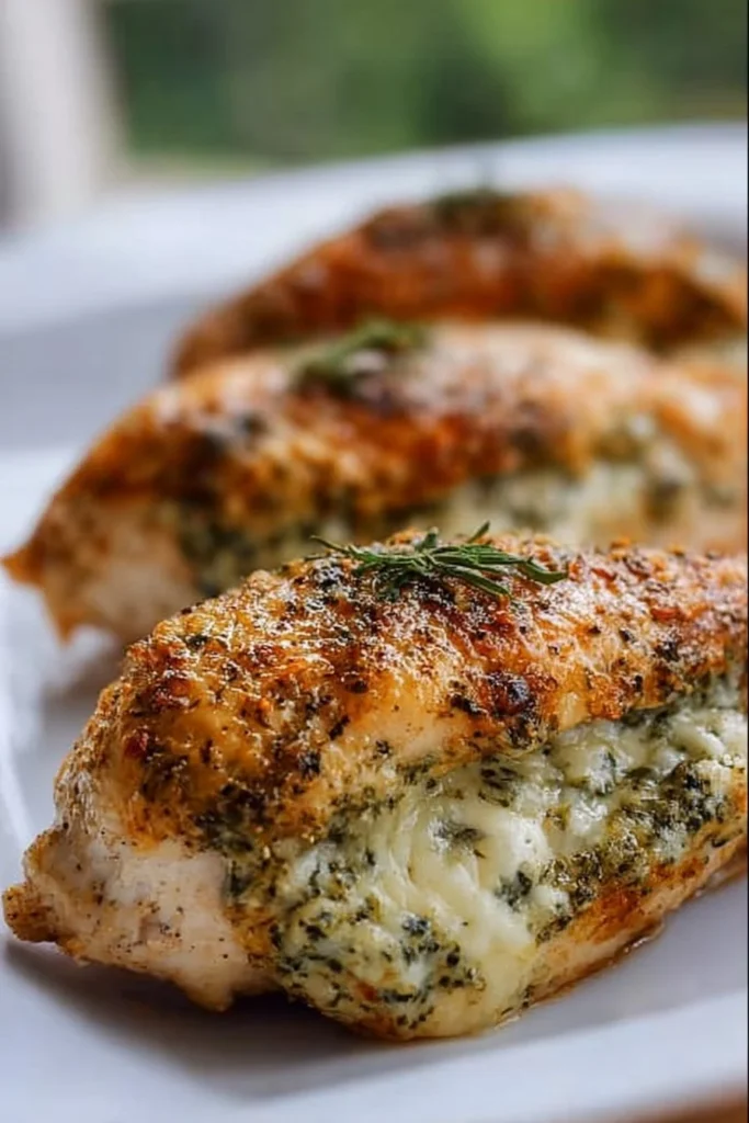 Easy pesto stuffed chicken breast with vibrant green pesto filling