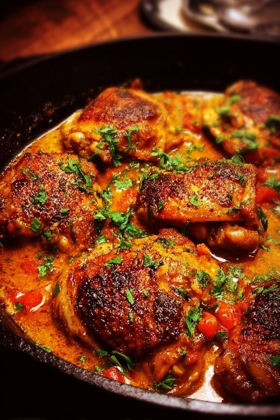 Golden brown skillet chicken thighs cooked to perfection with herbs.