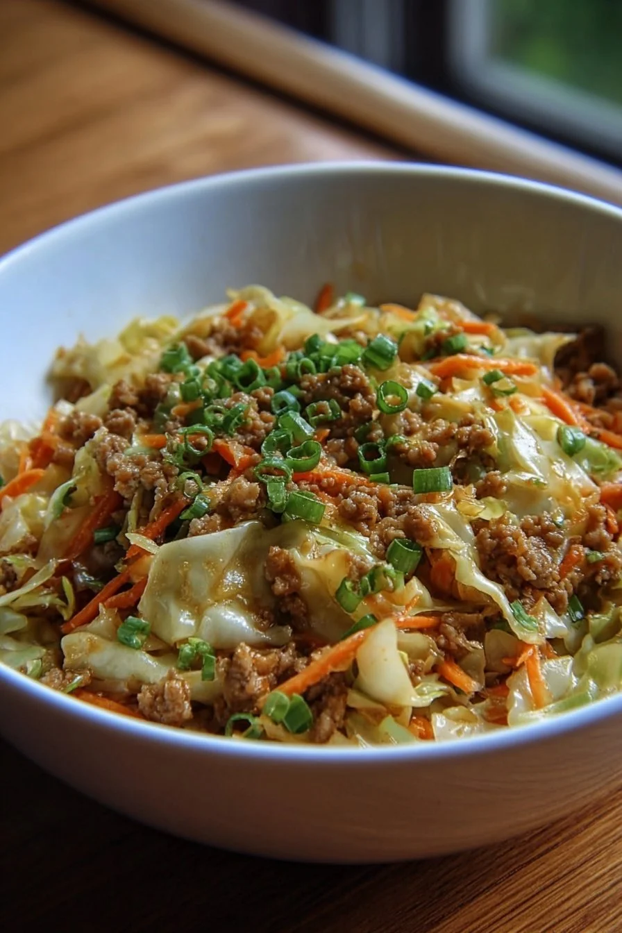 Delicious Egg Roll in a Bowl dish garnished with green onions and sesame seeds.