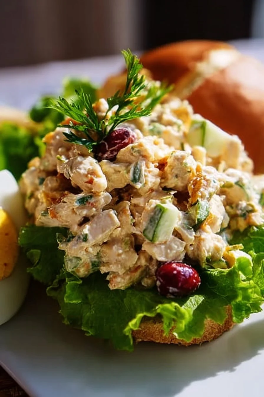 Bowl of fresh favorite chicken salad with vegetables and dressing