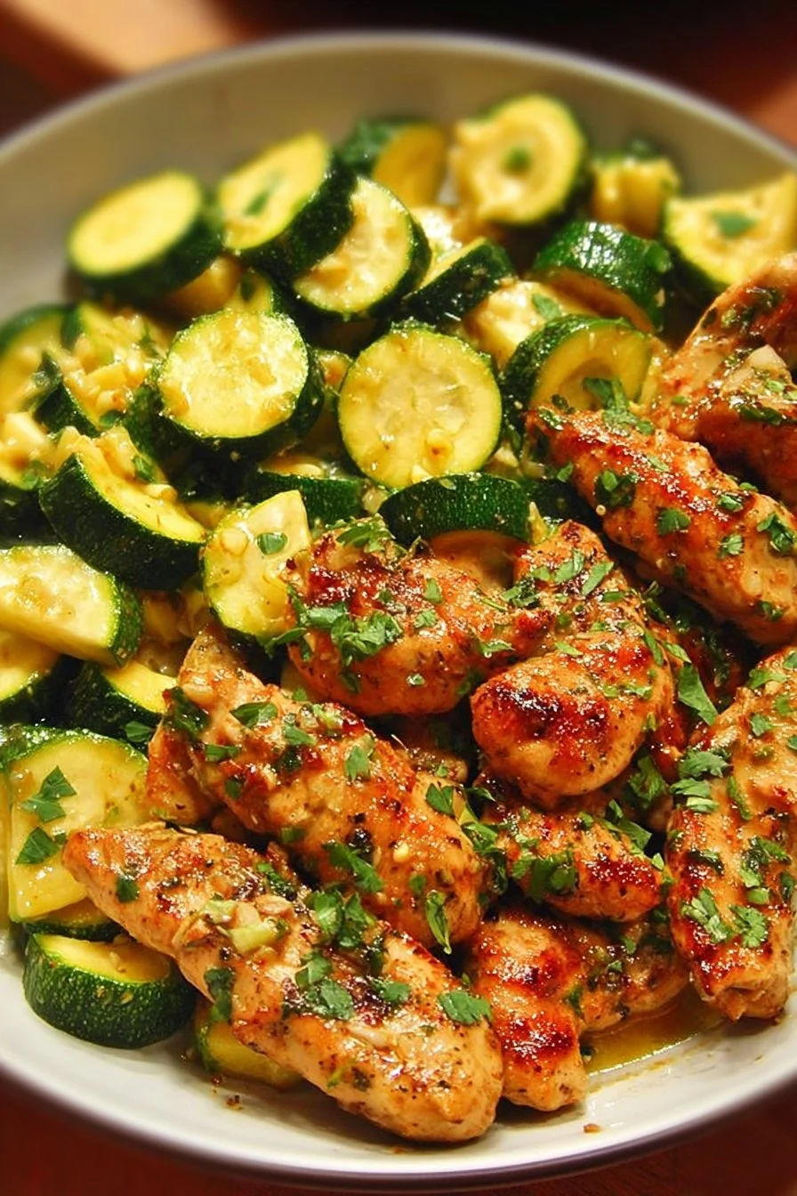 Garlic Butter Chicken served with sautéed zucchini dish